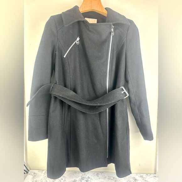 Michael Kors Black Wool Blend Cassandra Asymmetrical Zipper Pea Coat Size 12 - Picture 1 of 12